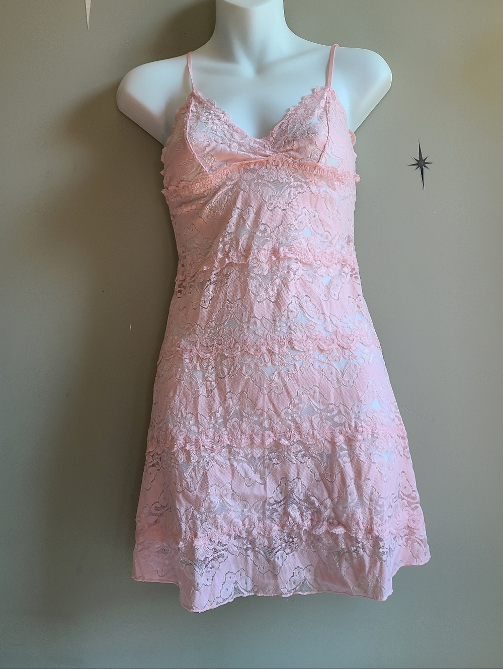 La Vie En Rose Pink Floral Lace Tiered Babydoll Slip Dress S